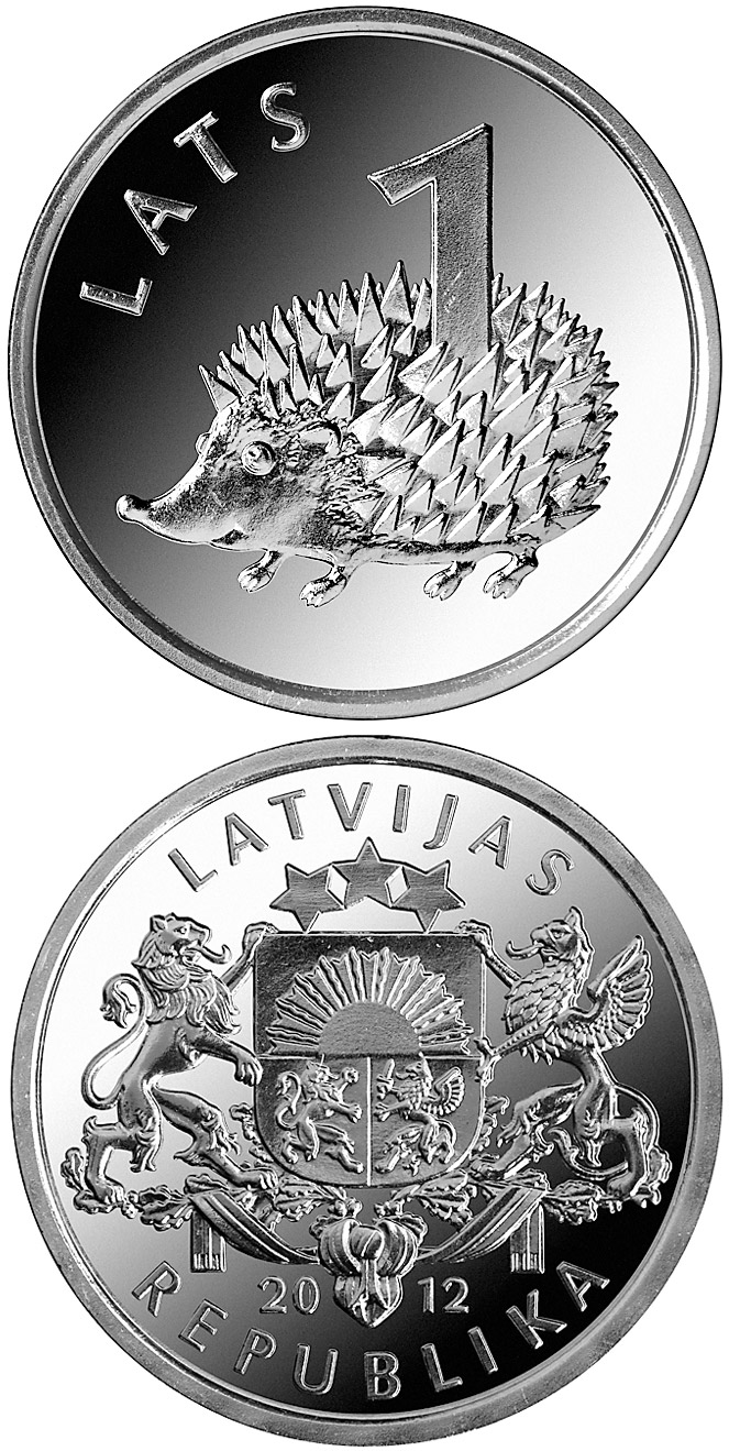 Image of 1 lats coin - Hedgehog | Latvia 2012.  The Copper–Nickel (CuNi) coin is of UNC quality.