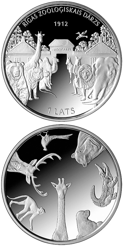 Image of 1 lats coin - 100th Anniversary of the Founding of Riga ZOO | Latvia 2012.  The Silver coin is of Proof quality.