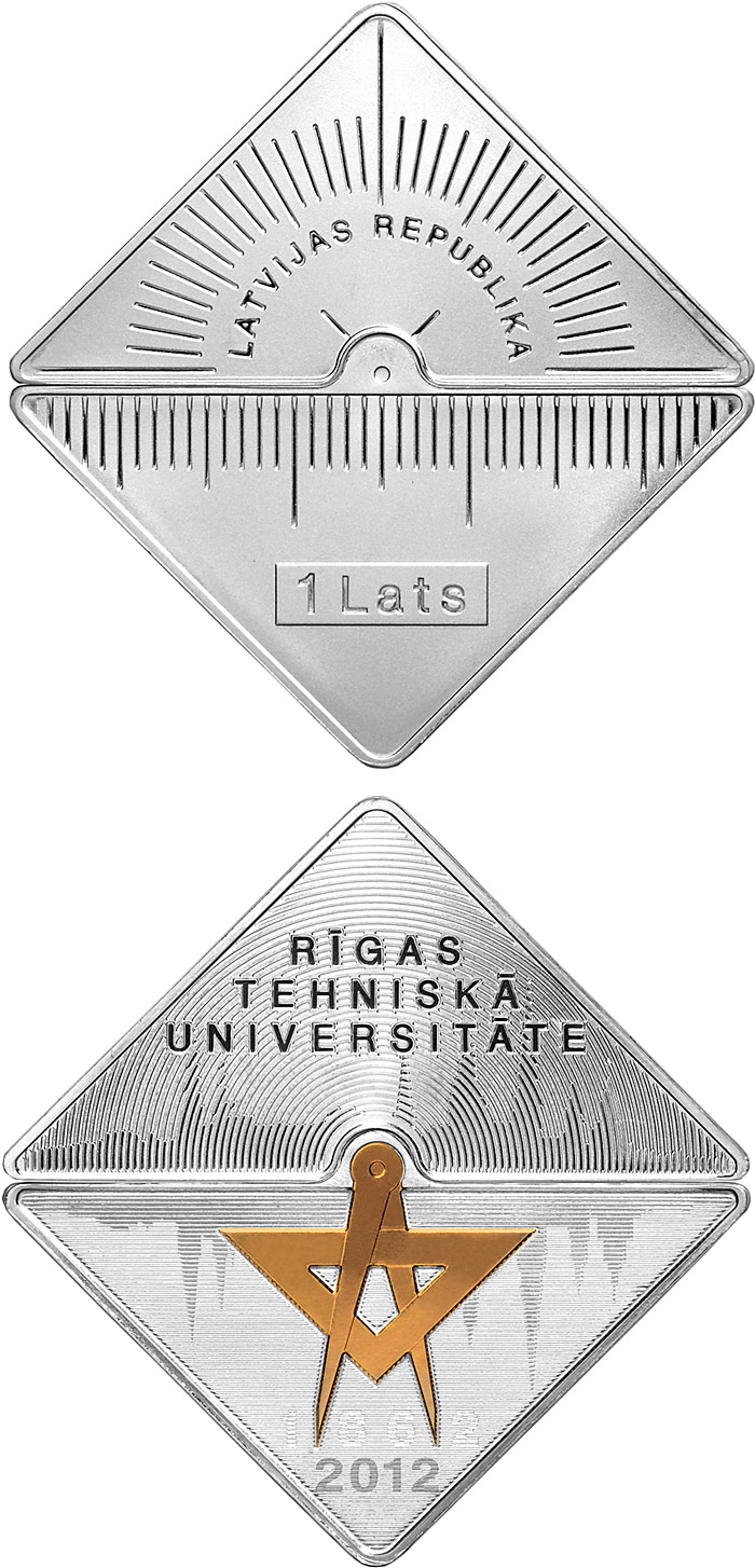 Image of 1 lats coin - Riga Technical University | Latvia 2012.  The Silver coin is of Proof quality.