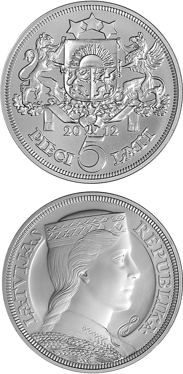 Image of 5 lats coin - 90th Anniversary of the Bank of Latvia | Latvia 2012.  The Silver coin is of BU quality.
