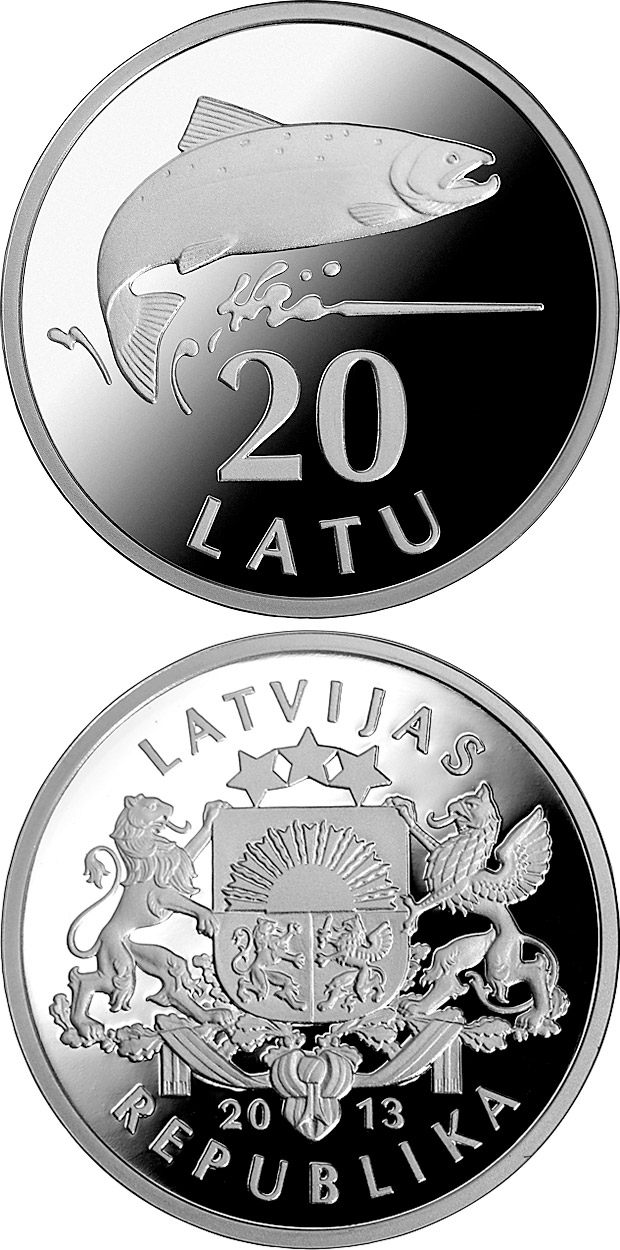 Image of 20 lats coin -  Silver Salmon | Latvia 2013.  The Silver coin is of Proof quality.