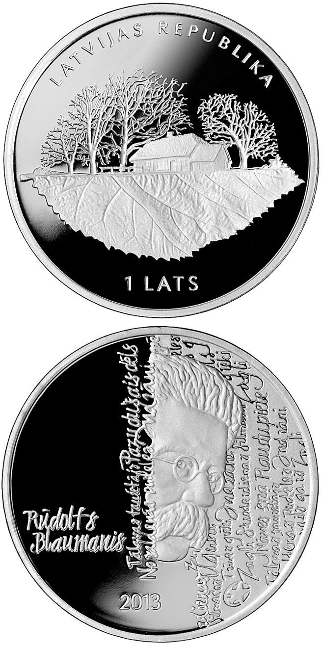 Image of 1 lats coin - 150th Anniversary of the Birth of Rūdolfs Blaumanis | Latvia 2013.  The Silver coin is of Proof quality.