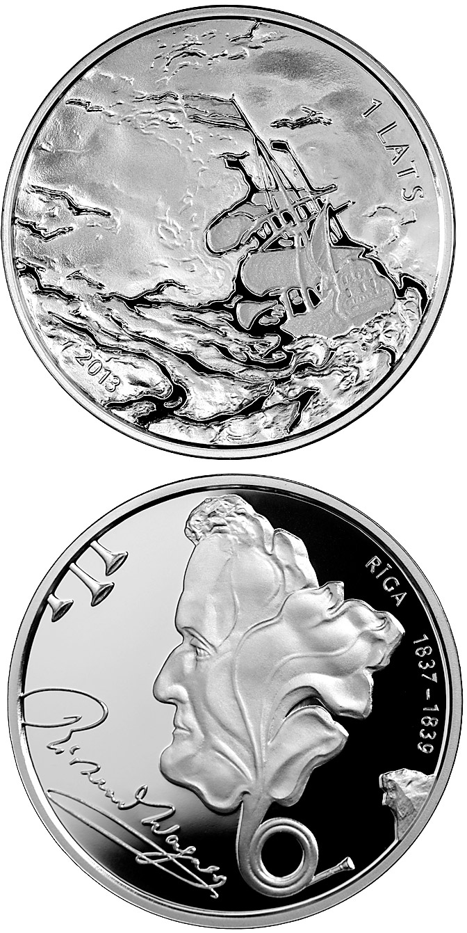 Image of 1 lats coin - Richard Wagner | Latvia 2013.  The Silver coin is of Proof quality.