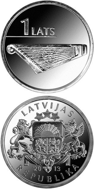 Image of 1 lats coin - Kokle | Latvia 2013.  The Copper–Nickel (CuNi) coin is of UNC quality.