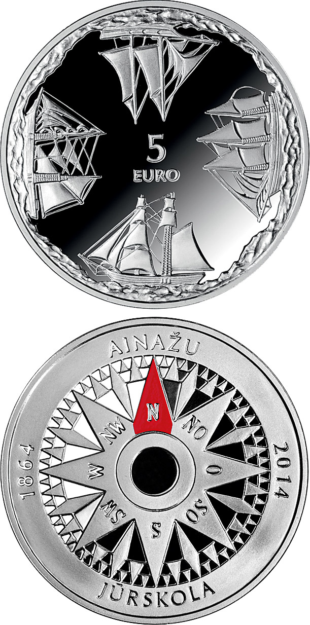 Image of 5 euro coin - 150th anniversary of Ainaži Nautical School | Latvia 2014.  The Silver coin is of Proof quality.