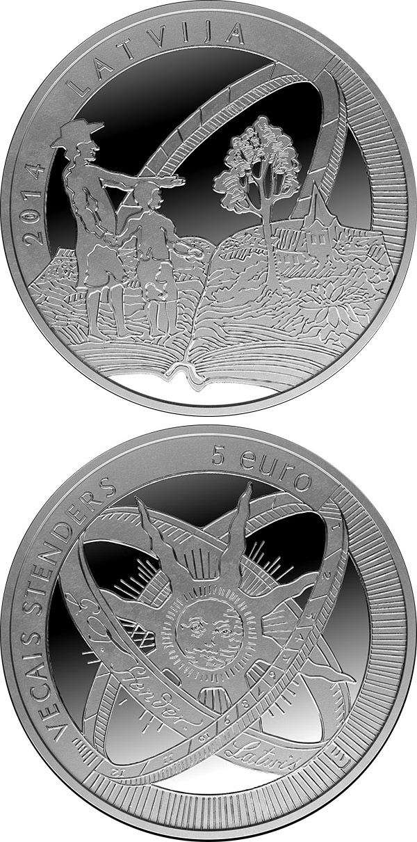 Image of 5 euro coin - Old Stenders | Latvia 2014.  The Silver coin is of Proof quality.
