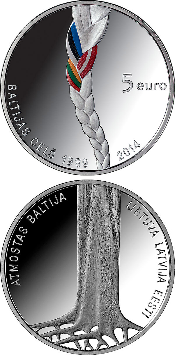 Image of 5 euro coin - Baltic Way | Latvia 2014.  The Silver coin is of Proof quality.