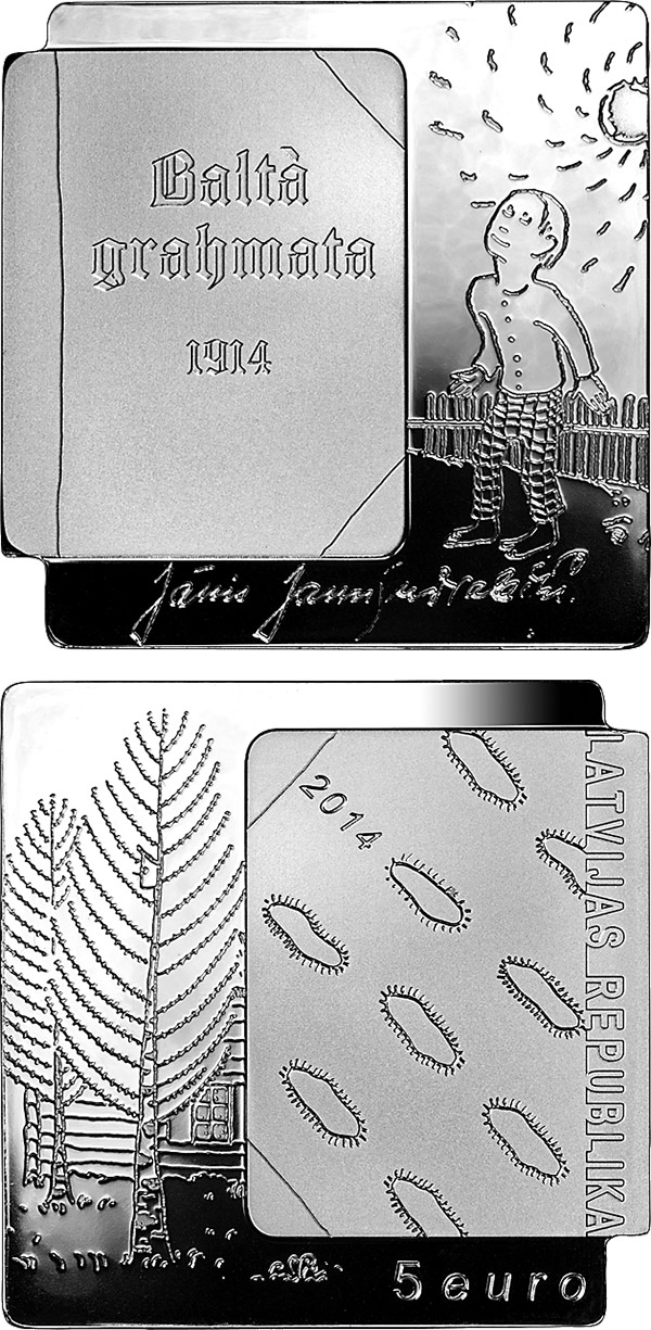 Image of 5 euro coin - The White Book | Latvia 2014.  The Silver coin is of Proof quality.