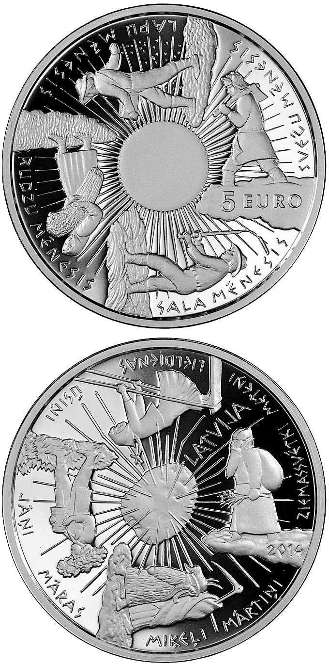 Image of 5 euro coin - Coin of the Seasons | Latvia 2014.  The Silver coin is of Proof quality.