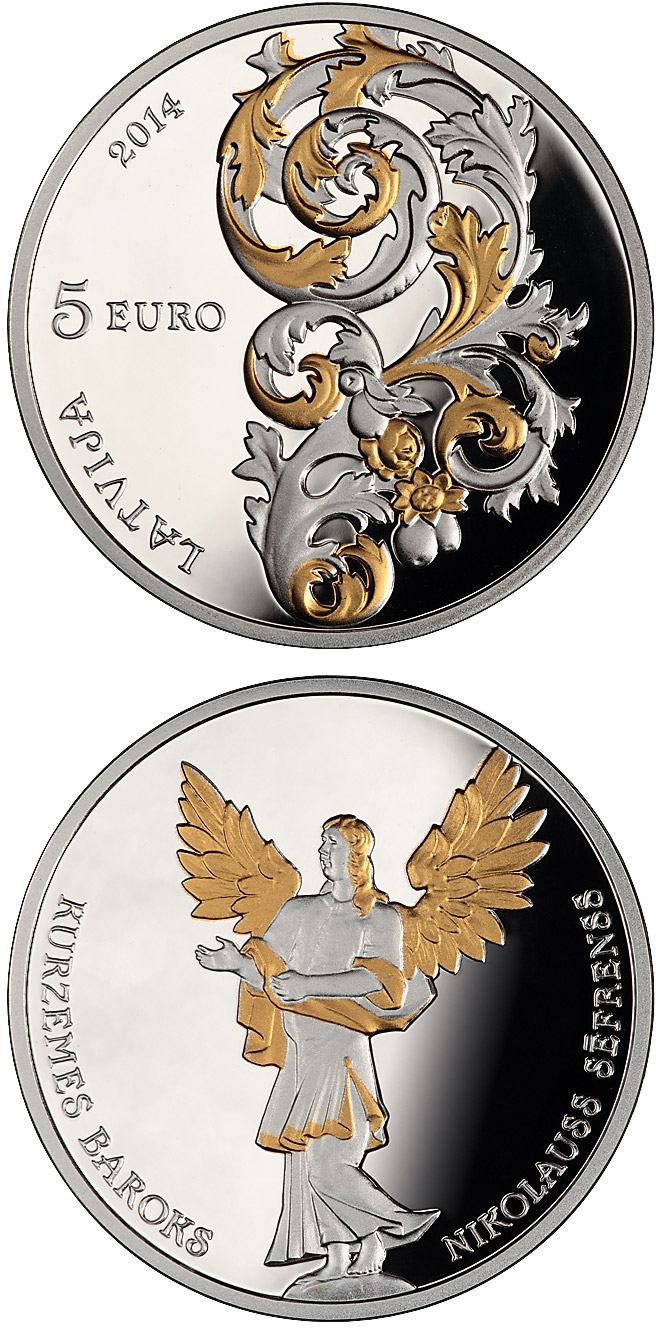 Image of 5 euro coin - Baroque of Courland | Latvia 2014.  The Silver coin is of Proof quality.