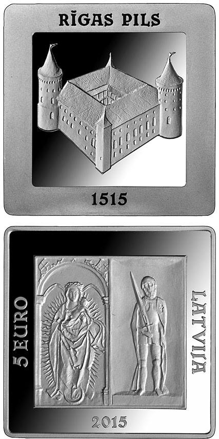 Image of 5 euro coin - 500 Years of the Riga Castle | Latvia 2015.  The Silver coin is of Proof quality.