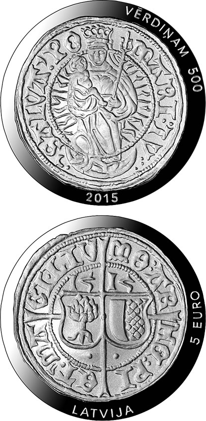 Image of 5 euro coin - 500 years of Livonian ferding | Latvia 2015.  The Silver coin is of Proof quality.
