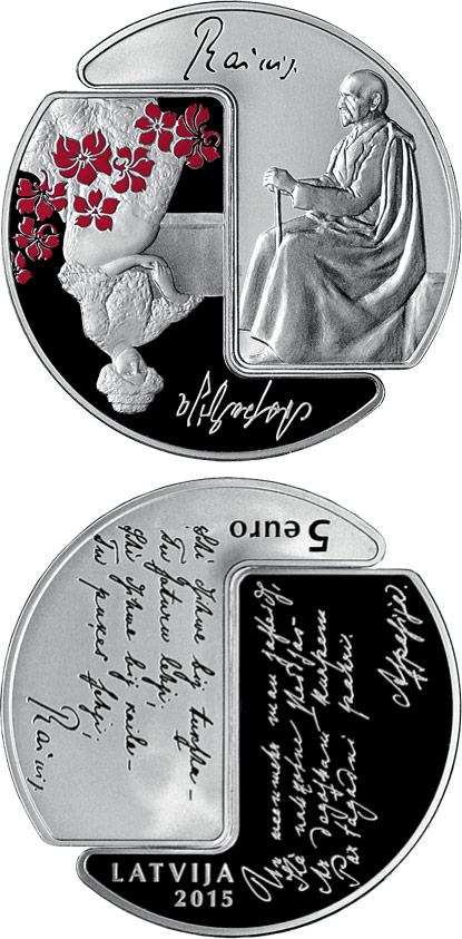 Image of 5 euro coin - Rainis and Aspazija | Latvia 2015.  The Silver coin is of Proof quality.
