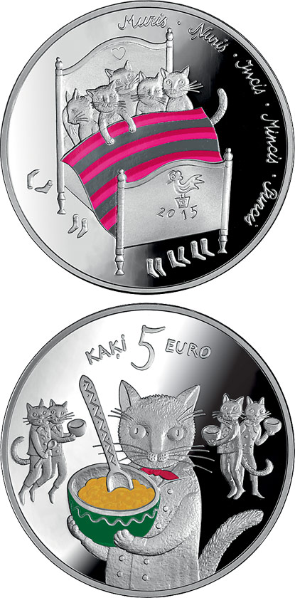 Image of 5 euro coin - Fairy tale coin I. Five cats | Latvia 2015.  The Silver coin is of Proof quality.