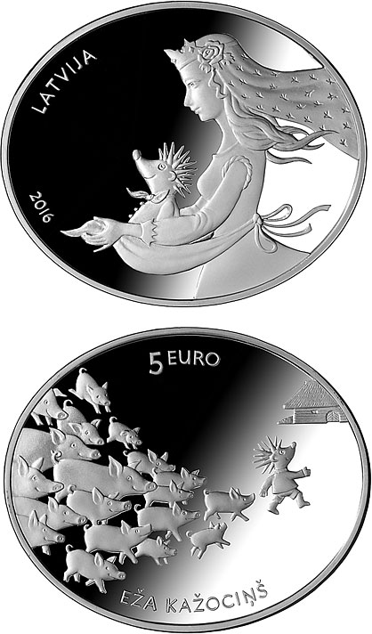 Image of 5 euro coin - Fairy Tale Coin II. Hedgehog's Coat | Latvia 2016.  The Silver coin is of Proof quality.