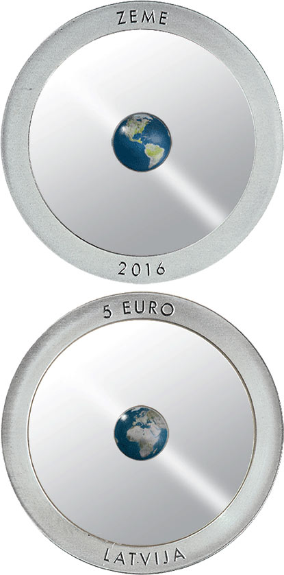 Image of 5 euro coin - The Earth | Latvia 2016.  The Silver coin is of Proof quality.