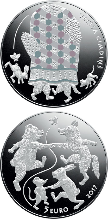 Image of 5 euro coin - Fairy Tale Coin III. The Old Man's Mitten | Latvia 2017.  The Silver coin is of Proof quality.