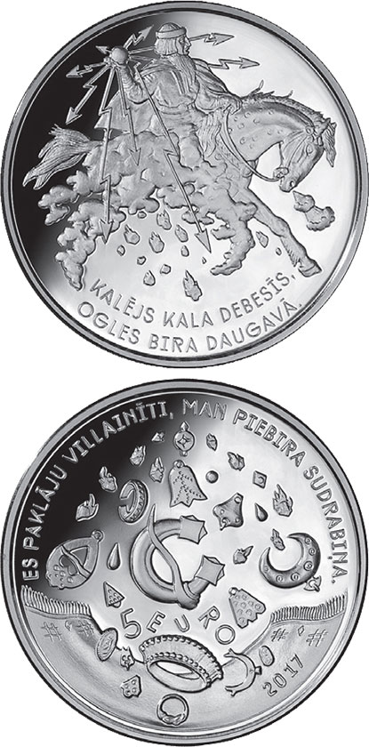 Image of 5 euro coin - Smith forges in the sky | Latvia 2017.  The Silver coin is of Proof quality.