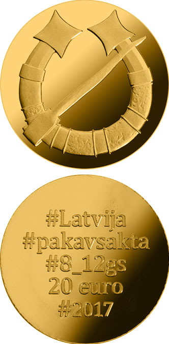 Image of 20 euro coin - Gold Brooches. The Horseshoe Fibula | Latvia 2017.  The Gold coin is of Proof quality.