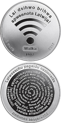 Image of 5 euro coin - The First Session of LPNC | Latvia 2017.  The Silver coin is of Proof quality.