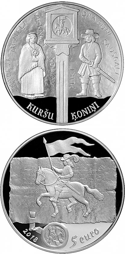 Image of 5 euro coin - Curonian kings | Latvia 2018.  The Silver coin is of Proof quality.
