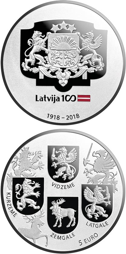 Image of 5 euro coin - Coats of Arms | Latvia 2018.  The Silver coin is of Proof quality.