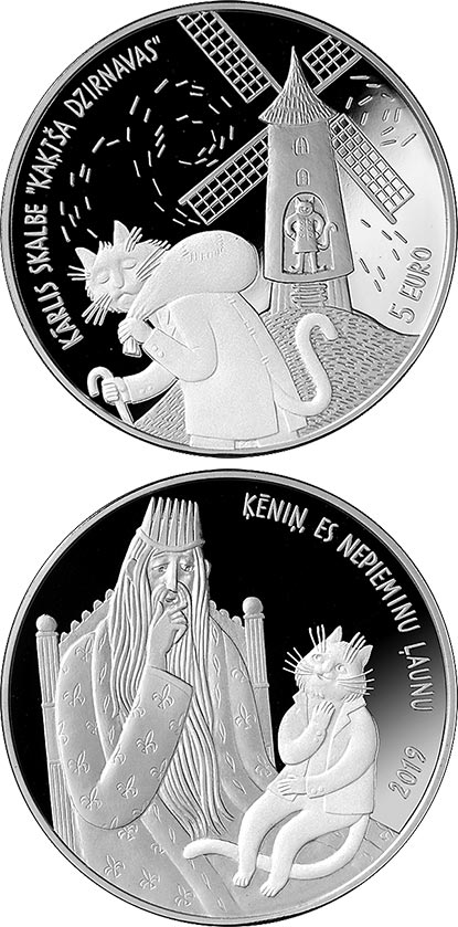 Image of 5 euro coin - Cat's Mill | Latvia 2019.  The Silver coin is of Proof quality.