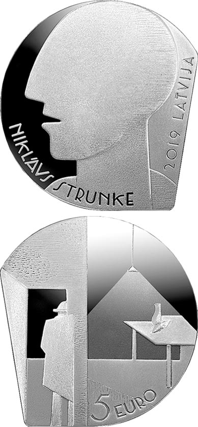 Image of 5 euro coin - Niklāvs Strunke | Latvia 2019.  The Silver coin is of Proof quality.