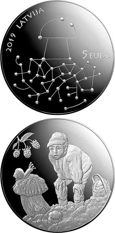 Image of 5 euro coin - Gifts of the Forest | Latvia 2019.  The Silver coin is of Proof quality.