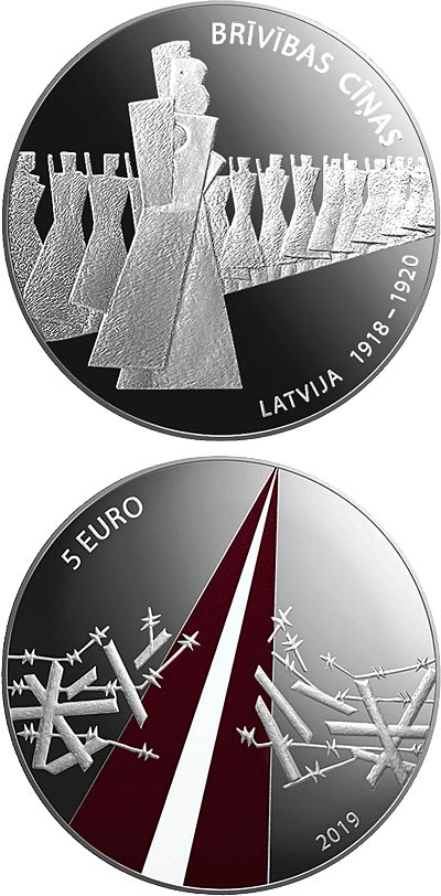 Image of 5 euro coin - Freedom Fights (1918-1920) | Latvia 2019.  The Silver coin is of Proof quality.
