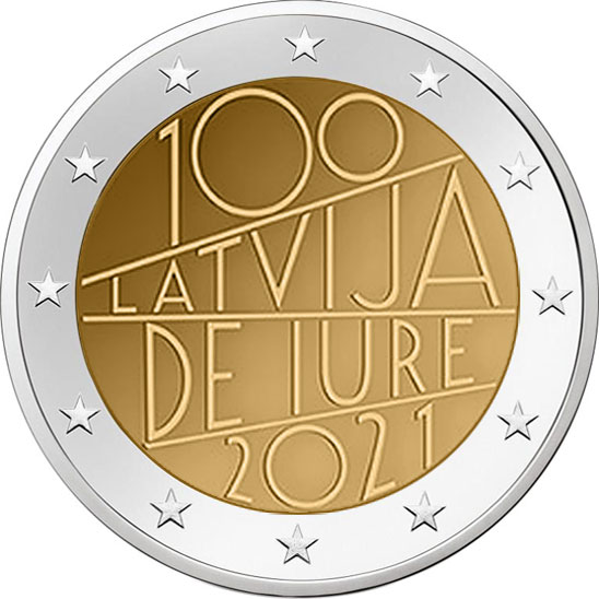 Image of 2 euro coin - 100th anniversary of de iure recognition of Latvia | Latvia 2021