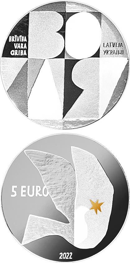 Image of 5 euro coin - For the Freedom of Ukraine | Latvia 2022.  The Silver coin is of Proof quality.