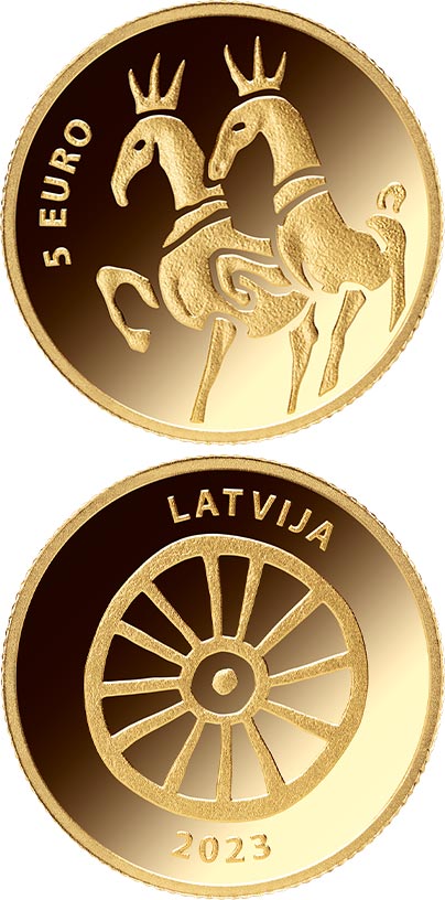 Image of 5 euro coin - The Golden Horses | Latvia 2023.  The Gold coin is of Proof quality.