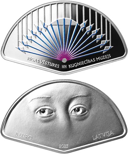 Image of 5 euro coin - Fan of Light Rays | Latvia 2023.  The Silver coin is of Proof quality.