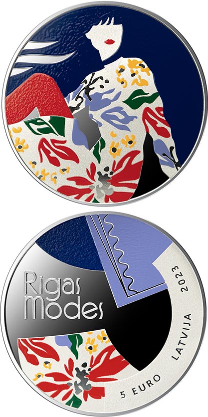 Image of 5 euro coin - Riga Fashion | Latvia 2023.  The Silver coin is of Proof quality.