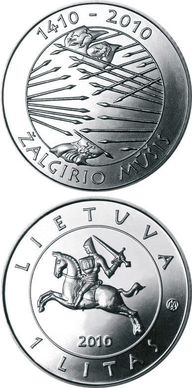 Image of 1 litas coin - 600th anniversary of the Grünwald Battle | Lithuania 2010.  The Copper–Nickel (CuNi) coin is of UNC quality.