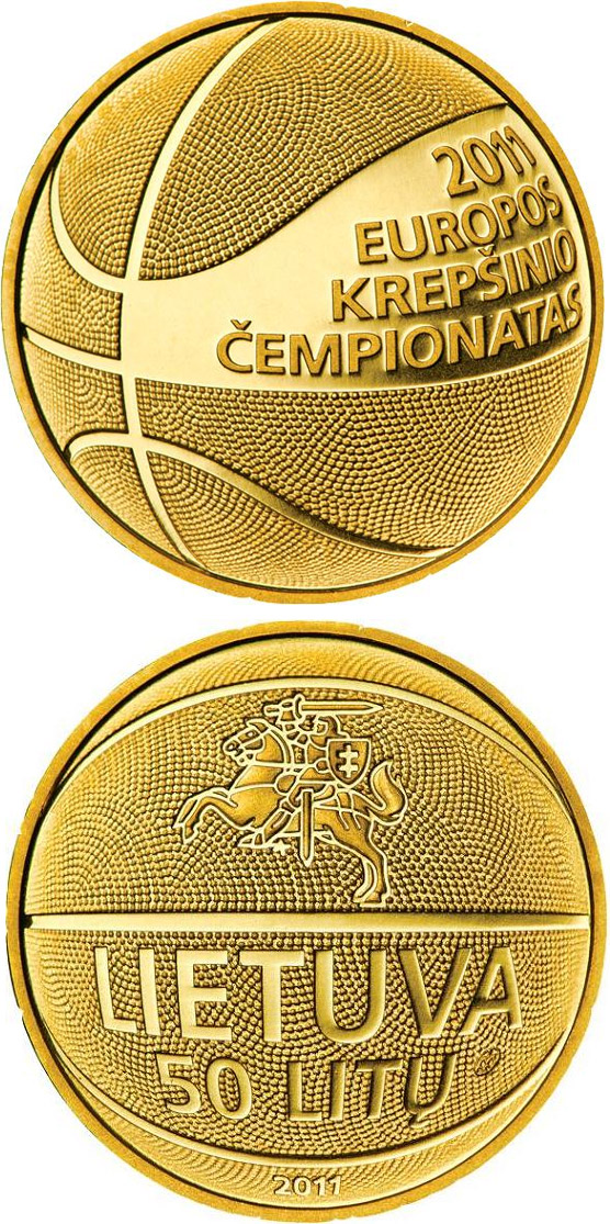 Image of 50 litas coin - European Basketball Championship 2011  | Lithuania 2011.  The Gold coin is of Proof quality.