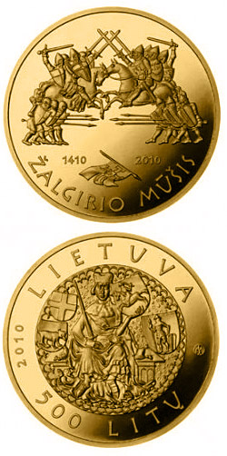 Image of 500 litas coin - 600th anniversary of the Grünwald Battle  | Lithuania 2010.  The Gold coin is of Proof quality.