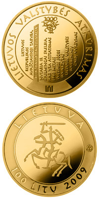 Image of 100 litas coin - The millennium anniversary of the mention of the name of Lithuania  | Lithuania 2009.  The Gold coin is of Proof quality.
