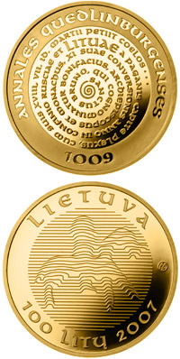 Image of 100 litas coin - The millennium anniversary of the mention of the name of Lithuania  | Lithuania 2007.  The Gold coin is of Proof quality.