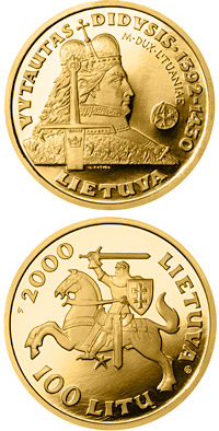 Image of 100 litas coin - Vytautas  | Lithuania 2000.  The Gold coin is of Proof quality.