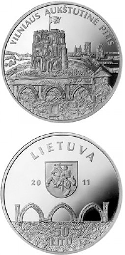 Image of 50 litas coin - Vilnius Upper Castle  | Lithuania 2011.  The Silver coin is of Proof quality.