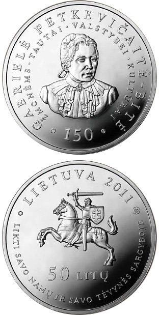 Image of 50 litas coin - 150th birth Anniversary of Gabriele Petkevicaite-Bite  | Lithuania 2011.  The Silver coin is of Proof quality.