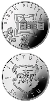 Image of 50 litas coin - Birzai Castle  | Lithuania 2010.  The Silver coin is of Proof quality.