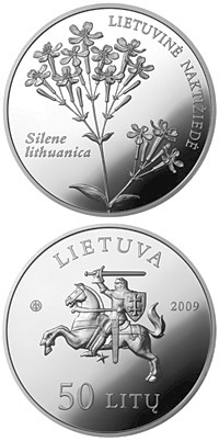 Image of 50 litas coin - Silene lithuanica  | Lithuania 2009.  The Silver coin is of Proof quality.