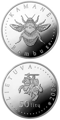 Image of 50 litas coin - Humble-bee  | Lithuania 2008.  The Silver coin is of Proof quality.
