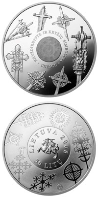 Image of 50 litas coin - Cross crafting  | Lithuania 2008.  The Silver coin is of Proof quality.