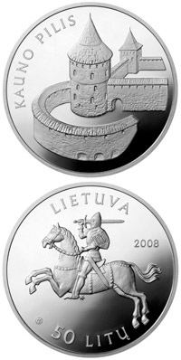 Image of 50 litas coin - Kaunas castle  | Lithuania 2008.  The Silver coin is of Proof quality.