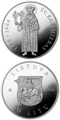 Image of 50 litas coin - St. Casimir  | Lithuania 2008.  The Silver coin is of Proof quality.
