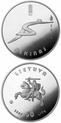 Image of 50 litas coin - Beijing Olympic games  | Lithuania 2007.  The Silver coin is of Proof quality.